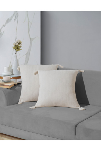 Lux Touch vera Ecru 2-Piece Throw Pillow Cover - 45x45 cm, PomPom, ZiPPered and Tasseled Pillow Cushion Set