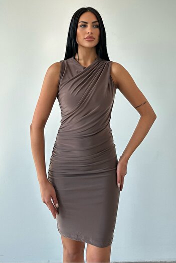 vuvutasarım Mink Sandy Fabric Cross Collar and Shir Detail Sleeveless Mini Dress 8000