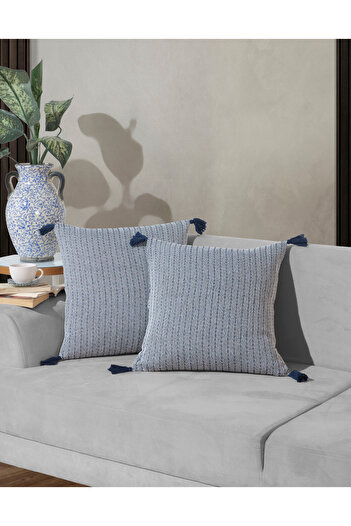 Lux Touch Vera Lacivert 45x45 см Подушка з блискавкою та бахромою - 2 шт. з помпонами