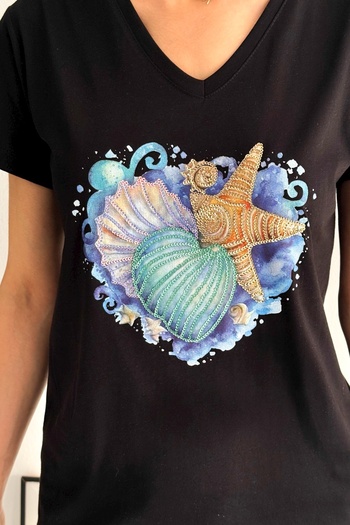Chiccy Black V-Neck Short Sleeve Sequin Applique Knitted Regular Fit T-Shirt