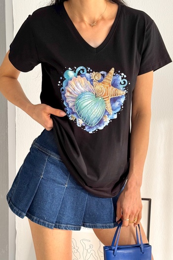 Chiccy Black V-Neck Short Sleeve Sequin Applique Knitted Regular Fit T-Shirt