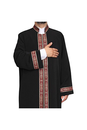 Akıncı Tekstil İmam Cübbesi Siyah - Biyeli Bordo Bordürlü