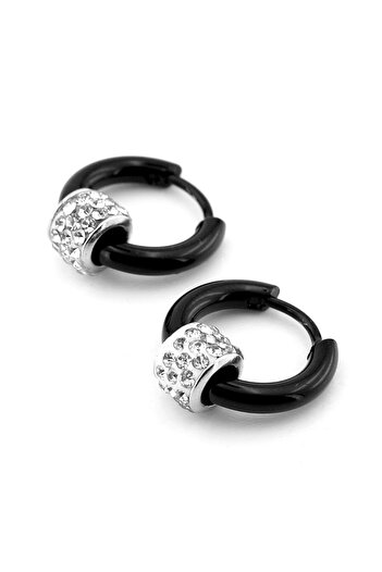 Solfera Shiny Zircon Stone Black Steel Hoop Unisex Men's Earrings ER096