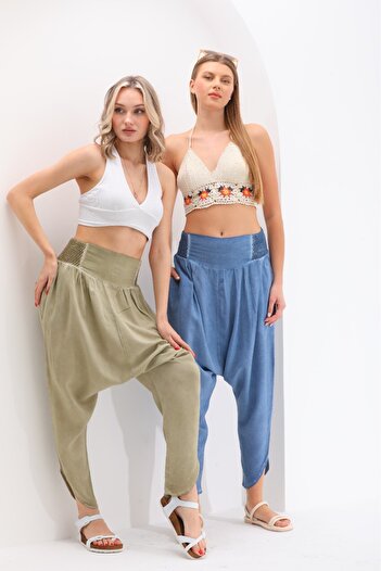 AYASOFYA OTANTIK Women's Indigo Blue V-Leg Pocket Elastic Waist Woven Cotton Ethnic Baggy Trousers
