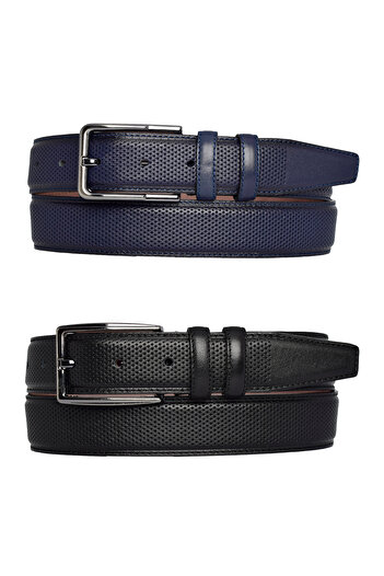 GoDeri 100% Genuine Leather, Set of 2 Black, Navy Blue Stitched Dot Printed Fabric PantsBelt 3.5 cm with dots