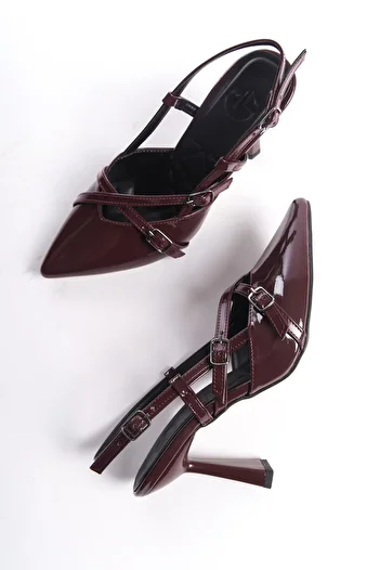 Modabuymus İkpar Mary Jane Claret Red Patent Leather Two-Strap Stiletto Pointed High Heel Shoes