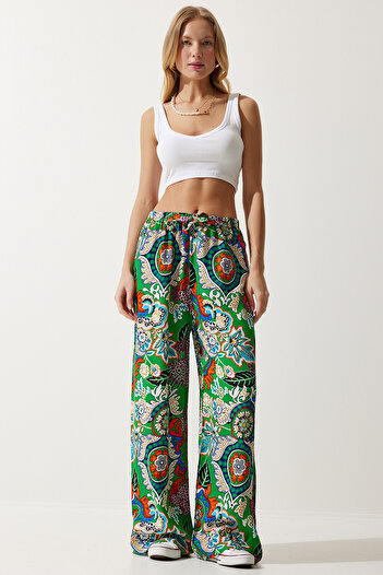 Happiness İstanbul Green Orange Patterned Viscose Women's Palazzo Trousers - EN00606
