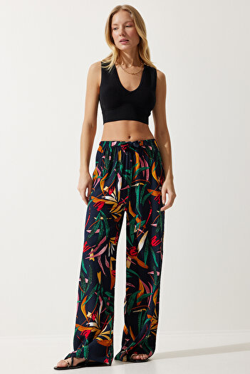 Happiness İstanbul Women's Navy Blue Yellow Patterned Flowing Viscose Palazzo Trousers EN00606