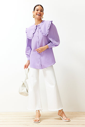 Trendyol Modest Πουκάμισο Βαμβακερό υφαντό με γιακά μωρού λιλά TCTSS24TG00027