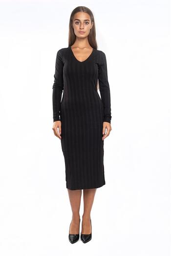 Miss Murem Front Back V Long Sleeve Dress-black