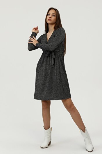 Miss Murem Double-breasted Collar Glitter Dress-silvery Black