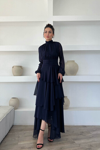 Seda Yalçın Atelier Navy Blue Turtleneck Dress with Drape Detail
