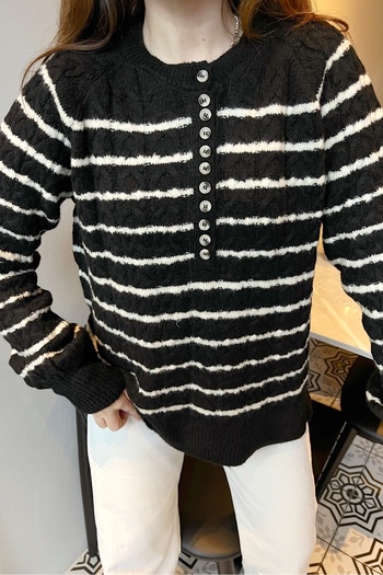 Bianco Lucci Women's Braided Collar Buttoned Striped Knitwear Sweater