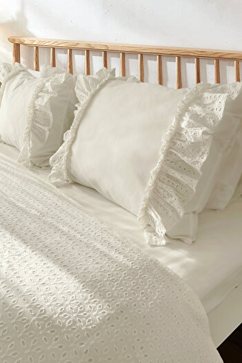 RİTMOHOME Off White Scalloped Ruffled Cotton Plain Hotel Series Double Dowry Duvet Cover Set Country