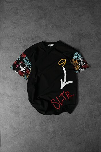 Slatra Men's Black Sltr Sleeve Printed Oversize T-shirt