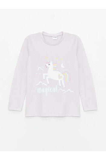 LC Waikiki LCW Kids Bisiklet Yaka Baskılı Uzun Kollu Kız Çocuk Pijama Takımı