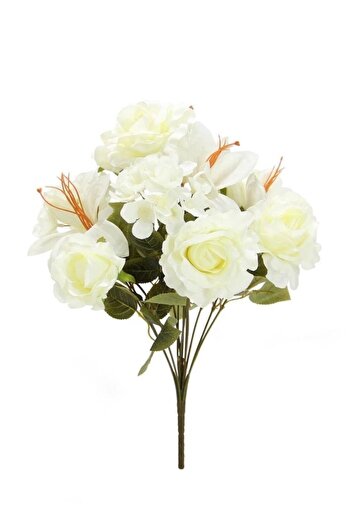 Dekorsende Buchet de trandafiri artificiali, crin, hortensie, alb