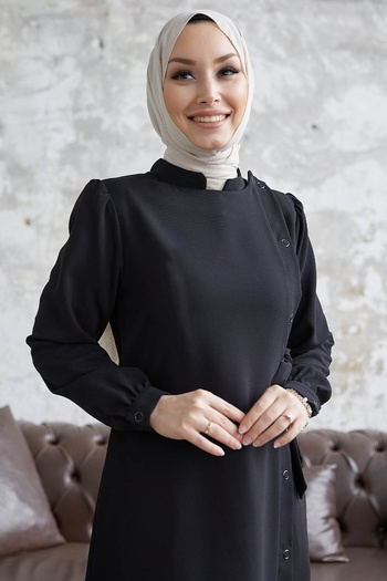 InStyle Davies Side Buttoned Belted Ferace - Μαύρο
