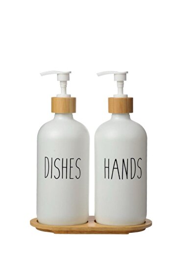 Digithome 2-Piece Glass Liquid Soap and Dish Soap Bottle with Wooden Stand White 500 Ml - G/13