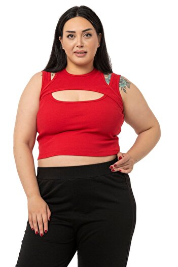 DISENTIS MODEST Large Size Low-cut Ribbed Camisole Red Body