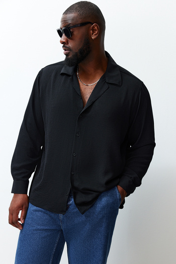 Trendyol Collection Plus Size Black Apache Collar Linen Look Summer Shirt - TMNSS24AX00012