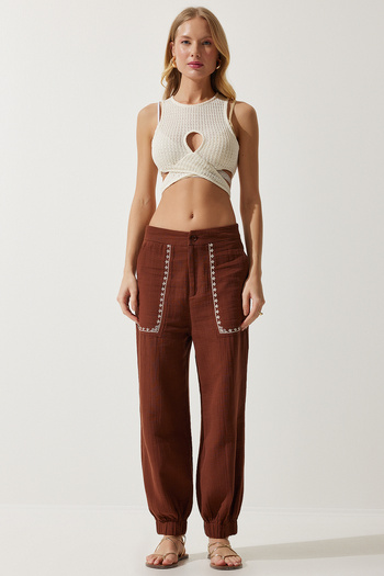 Happiness İstanbul Women's Brown Embroidery Detailed Muslin Trousers SF00019