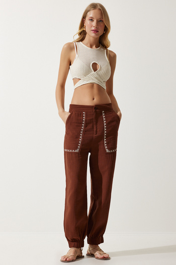Happiness İstanbul Women's Brown Embroidery Detailed Muslin Trousers SF00019
