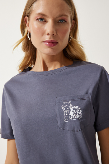 Happiness İstanbul Women's Anthracite Pocket Knitted T-Shirt UB00252