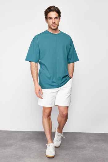 Trendyol Collection Μπλουζάκι από ύφασμα σμαραγδί Oversize Tok - Λεπτομέρεια ραφής, 100% βαμβάκι, TMNSS24TS00153