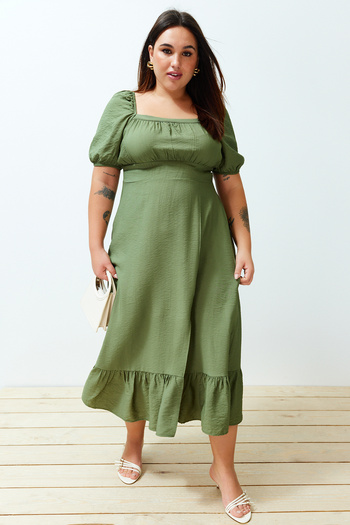 Trendyol Curve Khaki Square Collar Balloon Sleeve Woven Dress TBBSS24AH00066