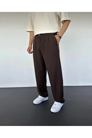 çerme Bitter Brown Pleated Baggy Fabric Trousers
