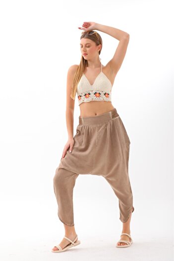 AYASOFYA OTANTIK Women's Light Brown V-Leg Pocket Elastic Waist Woven Cotton Ethnic Baggy Trousers