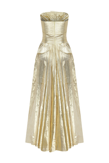 MERT ERKAN Gold Shiny Strapless Maxi Dress with Pocket Detail