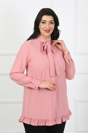 By Alba Collection Women's Pink Front Scarf Detail Dubai Fabric Large Size Shirt
