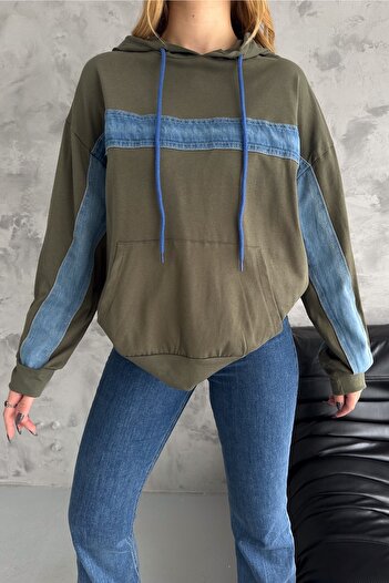 FEMELLE Women's Denim Detailed Hooded Sweatshirt