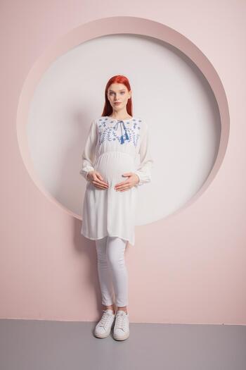 Işşıl IŞIL O7238-Authentic Collar Embroidered Maternity Viscose Tunic