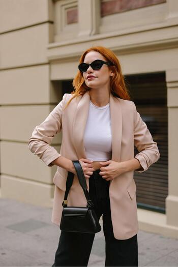 Sue Store Beige Gathered Sleeve Lined Padded Blazer Jacket