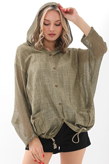 Chiccy Khaki Double Pocket Washed Mesh Cotton Woven Wide Cut Hooded Jacket
