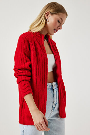 Happiness İstanbul Women's Red Zippered Knit Cardigan DD01301