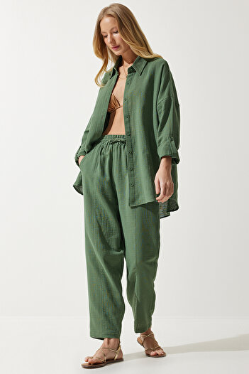 Happiness İstanbul Women's Khaki Oversize Muslin Shirt Trousers Set TO00128