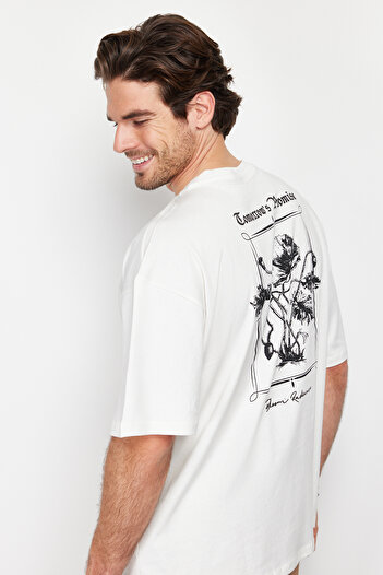 Trendyol Collection Oversize Ecru Floral Printed Cotton T-Shirt - TMNSS24TS00105