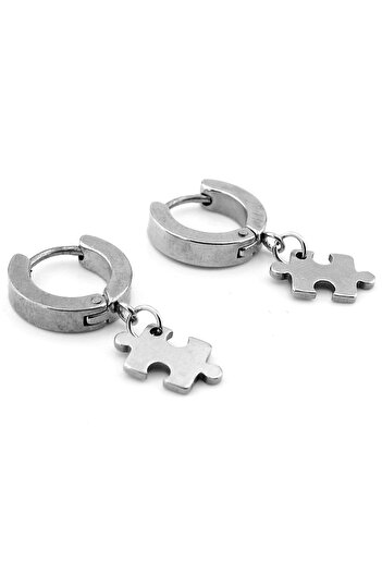 Solfera Puzzle Dangle Silver Color Stainless Steel Hoop Men's Earrings ER066