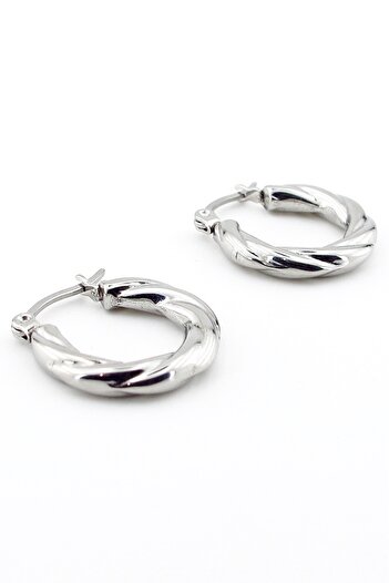 Solfera Twist Rope Pattern Silver Color Stainless Steel Hoop Women's Earrings EX114
