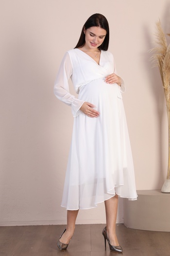 Azra Style Maternity Double Breasted Collar Belted Chiffon Dress Trend Wedding Engagement Henna White