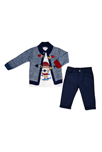 Bebüş Baby Boy 3-Piece Set with Knitwear Cardigan - Shepherd's Button Detailed Knitwear Cardigan, Printed Sweat and Pants