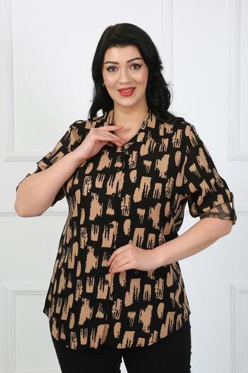 By Alba Collection Large Size Tan Patterned Cotton Viscose Women's Shirt