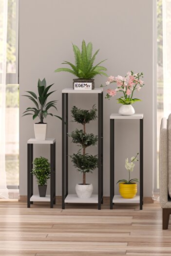 EGEMEV Saksılık 3Lü Set METAL Çiçeklik SAKSILIK Dekoratif YAN SEHPA Saksı Standı Bahçe Balkon MASASI