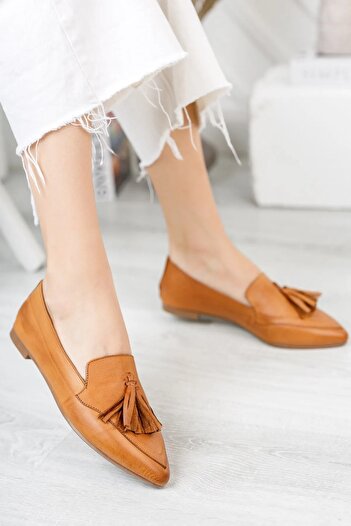 Deripabuc Genuine Leather Tan Women's Leather Ballerinas Dp58-4026