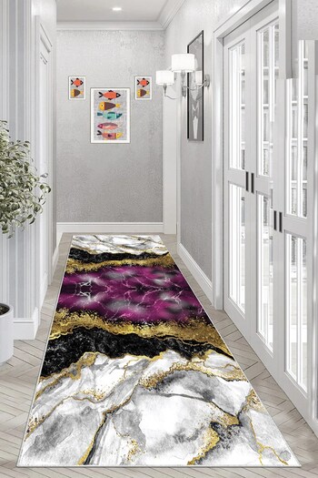 on the clouds Gold Striped Marble Patterned - Digital Printing Washable Non-Slip Living Room Carpet