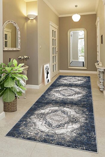 on the clouds Ethnic Ottoman Patterned Living Room Carpet - Washable Non-Slip Base, Digital Printing (Blue)